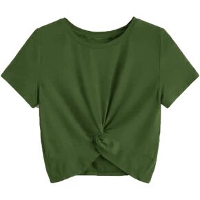 Milumia Girl's Casual Twist Hem Short Sleeve Round Neck Crop Top Tee Shirt Army Green 9 Years