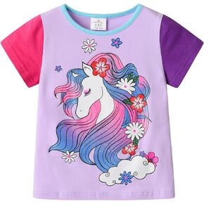DXTON Toddler Kids Girls Tees Short Sleeve Graphic T-Shirt Summer Casual Cotton Tunic Tops Shirts 3-8 Years