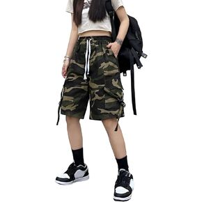 Linsennia Cargo Shorts for Women Camouflage High Waisted Y2k Bermuda Shorts with Pockets Knee Length Casual