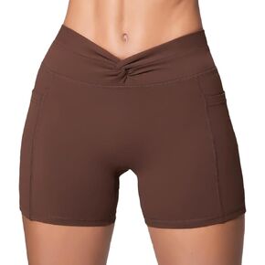 FITTOO Crossover Biker Shorts for Women, Twisted V Criss Cross Side Pocket High Waist Yoga Workout Gym Shorts