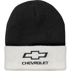 Tee Luv Chevrolet Bowtie Beanie - Chevy Car Logo Knit Cap (White and Black)