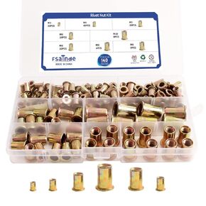 140Pcs Zinc Plated Carbon Steel Rivet Nut Kit,Flat Head Rivnut Threaded Insert Nutsert 6 Sizes M3, M4, M5, M6, M8, M10
