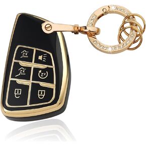 6 Button TPU Key Fob Cover with Leather Keychain, Compatible with 2021 2022 2023 2024 GMC Yukon Denali Sierra, Fit for Chevy Silverado Suburban Tahoe Buick etc, Black