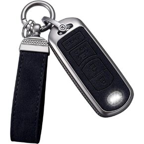 YO&YOYE Compatible with Mazda Key Fob Cover with Keychain Leather Key Case Protector Fit for 2019-2022 Mazda 3, Mazda 3 Hatchback, 2020-2022 Mazda CX-5, CX-30, CX-10 (Model 1, Black)