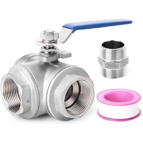 TAISHER 1 PCS 1 Inch FNPT Heavy Duty 3-Way Ball Valve 304 Stainless Steel with Blue Handles & Nipple，T Mounting Pad