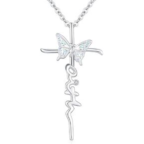 Butterfly/Dog Paw/Hummingbird/Bee/Red Cardinal/Dragonfly Faith Cross Necklace 925 Sterling Silver Cross Jewelry Gifts for Women Girls