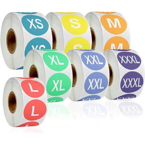 3500 Pcs Clothing Size Sticker Labels, 7 Rolls 1" Colorful Coded Adhesive Labels Round Size Stickers for Clothing T Shirts Retail, 7 Sizes