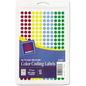 Avery 05796 See Through Removable Color Dots, 1/4 Dia, Assorted Colors, 864/Pack