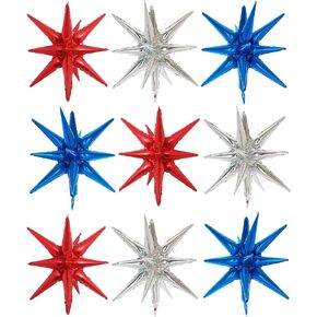 9PCS Blue Red White Explosion Balloons for Independence Day - 22" 4th of July Spike Starburst Star Cone Balloon - American Memorial Day Foil Balloon for Patriotic Party Decorations