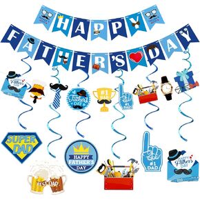 لافتة عيد الأب السعيد ودوامات معلقة لعيد الأب، ديكورات عيد الأب السعيد لعيد الأب في المنزل للاحتفال بديكور خلفية الحفلة