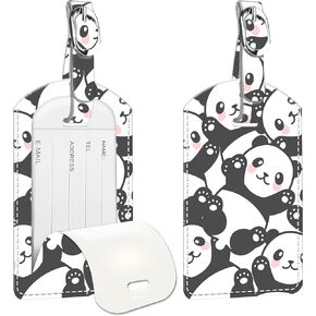 2 Pack Travel Luggage Tags with Privacy Cover,Durable PU Leather Name ID Labels for Suitcases and Bags Smile Panda