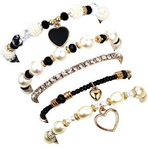 Bohemian Stackable Beaded Bracelets Set for Women Girl Multicolor Stretch Faux Pearl Heart Crystal Stretchy Bangles Multilayered Handmade Friendship Holiday Beach Jewelry Mother's Day Gifts