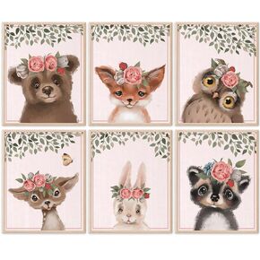 Woodland Animals Nursery Wall Art Prints (Set of 6) - Unframed - 8x10s | Set Includes Bear, Fox, Owl, Deer, Bunny Rabbit, and Raccoon wearing Floral Crowns