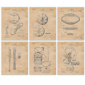 Vintage Football Baseball Basketball Sports Patent Prints, 6 (8x10) Unframed Photos, Wall Art Decor Gifts Under 25 for Home Office Man Cave Garage Shop Gym Student Teacher Coach School Teams Gear Fans