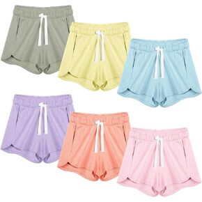 6 Pcs Girls Athletic Running Shorts Gym Workout Shorts with Pocket Drawstring Activewear for Kids Soccer Basketball