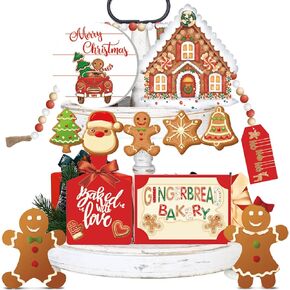 12 Pieces Christmas Tiered Tray Decor Christmas Santa Claus Table Decor Rustic Table Centerpiece Christmas Wooden Signs Farmhouse Tiered Tray Country Decor for Home Room Table Fireplace (Santa Claus)