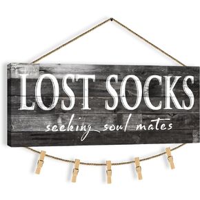 Farmhouse Solid Wood Lost Socks Decor - Rustic Wooden Laundry Door Sign with Quotes Seeking Soul Mates Decorative Vintage Wall Plaque for Home Decoration, 13.5inchesx5x1