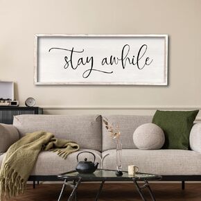 Stay Awhile Sign Wall Decor 32"X12" Large Living Room Entryway Wood Framed Rustic Wall Decor for Vintage Farmhouse Foyer Hanging Lets Stay Home Wall Art (Wood)