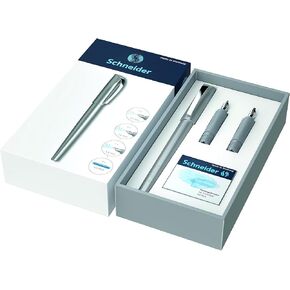 Schneider Callissima Calligraphy Fountain Pen Gift Set: Anthracite, 1.1 mm, 1.5 mm, 1.8 mm Interchangeable Tips + Pack of 6 Ice Blue Ink Cartridges (143812)