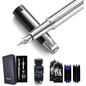 Vandro Complete Luxury Fountain Pen Set - Comfortable Grip with Smooth Fine Nib - Includes 10 Pack Ink Cartridges, Black Ink Bottle, Ink Refill Converter & Gift Box - Black