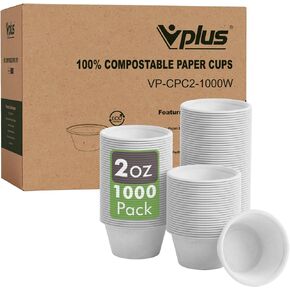 Vplus 1000 Pack 2 OZ Disposable Souffle Cups, 100% Compostable Portion Cups, Food Sample Cups Made From Bagasse Fibe, Perfect For Dips, Jams, Honey, Sauces, Nuts