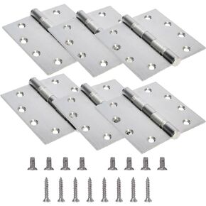 6-Pack Heavy Duty Commercial Door Hinge with Silent Steel Plain Ball Bearing, 4.5 inch X 4.5 inch, Thickness 3 mm Stainless Steel, Square Corners with 48 Screws, Super Bearing Capacity