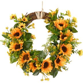 Sunm Boutique Artificial Sunflowers Wreath with A Piece of String, Spring Yellow Sunflowers Door Wreath Decorative Floral Wreath with Sunflowers & Green Leaves for Front Door Porch Window Wall, 14" in Kuwait