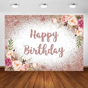Avezano Rose Gold Birthday Backdrop for Girls Women Happy Birthday Party Photography Background Blush Pink Floral Rose Gold Glitters Confetti Bday Decoration Photoshoot Banner (6x4ft)