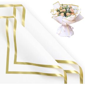 Trrioosy 20 Sheets Flower Wrapping Paper Waterproof Gold Edge Floral Bouquet Wrapping Paper Florist Supplies Gift Packaging Paper for DIY Crafts Flower Shop (Black)