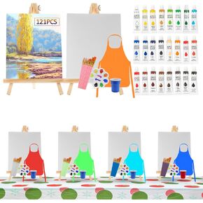 121 Pcs Art Painting Kit Supplies Set for Kids to Party - 60 Paint Brushes, 24 Acrylic Paints, 6 Wood Easels & Canvas Panels & Palettes & Aprons & Wash Pen Cup, 1 Plastic Tablecloth