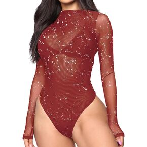 LYANER Women's Sexy Sheer Mock Neck Long Sleeve Leotard Bodysuit Top