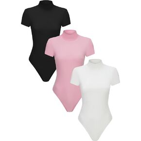 3 Piece Women's Mock Turtle Neck Short Sleeve Tops Bodysuit Jumpsuit