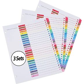 Binder Dividers for 3 Ring Binders - 26 Tab Dividers, Binder Tabs Divider - Index Tabs for Binders with Customizable Table of Contents -3 Hole Punched - 8.5 x 11 Inch - A-Z Dividers - 3 Sets
