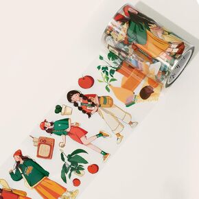 شريط PET عريض من WT Moment in Time، لفة واحدة، تصميمات أصلية، شريط زخرفي لشخصيات الفتيات، شريط شفاف لدفتر قصاصات المجلات، لوازم مخطط Bujo، شريط شفاف للحرف اليدوية