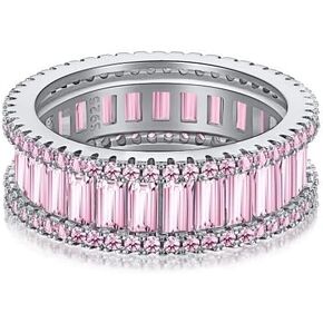Stackable Eternity Rings for Women Pink CZ Promise Bands 925 Sterling Silver Created Cubic Zirconia Stacking Ring Channel Set Anniversary Birthday Band Ring for Mom Wife Girlfriend, Size 6-9