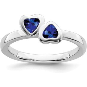 Solid 925 Sterling Silver Stackable Created Sapphire Blue September Gemstone Double Heart Ring Eternity Band
