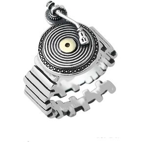 DJ Music Vinyl Disc Maker Personalized Statement Ring Open Band Adjustable Extendable Knuckle Middle Finger Comfort Fit Bands Fashion Trends Style Hip Hop Jewelry for Men Women Gift Boyfriend Xmas