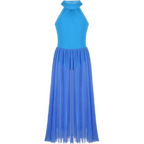 Kids Girls Modern Ballroom Celebration of Praise Dance Costume Sleeveless Mock Neck Leotard Maxi Skirt