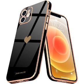 Teageo Compatible with iPhone 12 Case for Women Girl Cute Love-Heart Luxury Bling Plating Soft Back Cover Raised Full Camera Protection Bumper Silicone Shockproof Phone Case for iPhone 12, Hot Pink