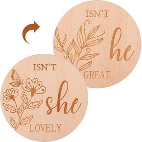 Double-Sided Gender Reveal Signs, 6 Inch Wooden Baby Announcement Sign Isn't She or He Round Photography Props Newborn Sign for Hospital Baby Shower Nursery Decoration New Parents Gift