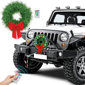 Moveland RGB LED إكليل سيارة عيد الميلاد - 16 لونًا إكليلًا اصطناعيًا للسيارة قابل للتغيير مع جهاز تحكم عن بعد - 12 فولت إضاءة إكليل مع القوس الأحمر - زينة سيارة عيد الميلاد