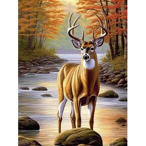 Kaliosy 5D Diamond Art Painting Elk Deer by Number Kits, Paint with Diamonds Art Landscape Riverside DIY Full Drill, Crystal Craft Cross Stitch Embroidery Decoration 30x40cm?12x16inch?