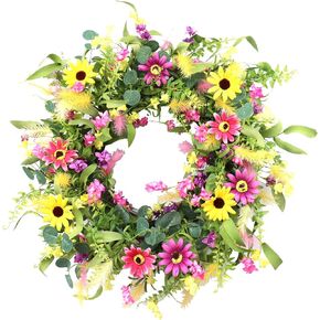 JINGHONG Artificial Spring Wreath 24 Inch Summer Wreath Flower Wreaths for Front Door with Colorful Flowers for Wall Window Spring/Summer Holiday Party