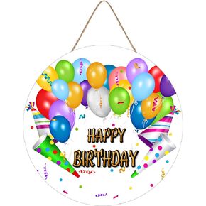 Happy Birthday Sign for Front Door Hanging, Happy Birthday Balloon Shiny Signs Outdoor Rustic Round Wood Wreaths Wall Decor Farmhouse Porch Wreaths Decorations Housewarming Gift 12x12inch
