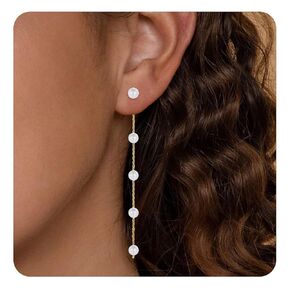 Pearl Earrings for Women Girls, 14K Gold Pearl Drop Earrings Dainty Boho Pearl Tassel Prom Earrings，Wedding Bridal Earrings Graduation Prom Jewelry