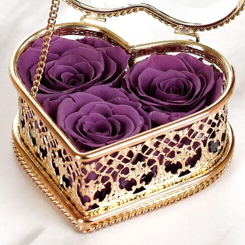 ورود حقيقية محفوظة إلى الأبد مسحورة في صندوق مجوهرات زجاجي ذهبي وردي على شكل قلب؛ زهرة محفوظة طازجة مصنوعة يدويًا، مفاجأة فريدة لعيد الأم (أرجواني) in Kuwait