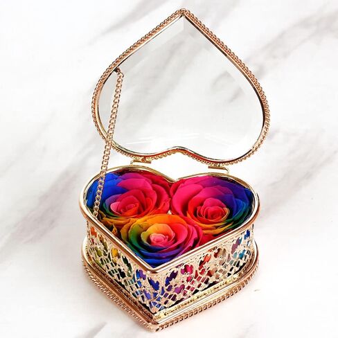 ورود حقيقية محفوظة إلى الأبد مسحورة في صندوق مجوهرات زجاجي ذهبي وردي على شكل قلب؛ زهرة محفوظة طازجة مصنوعة يدويًا، مفاجأة فريدة لعيد الأم (أرجواني) in Kuwait