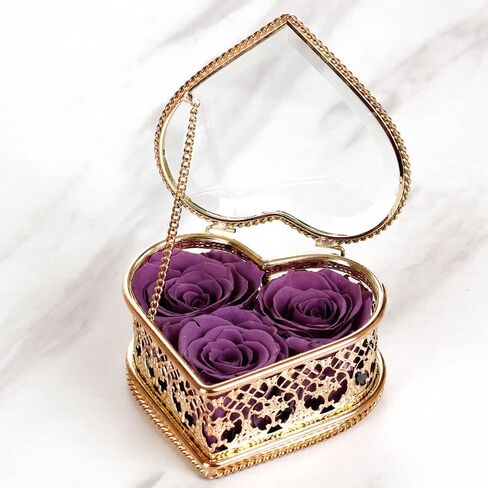 ورود حقيقية محفوظة إلى الأبد مسحورة في صندوق مجوهرات زجاجي ذهبي وردي على شكل قلب؛ زهرة محفوظة طازجة مصنوعة يدويًا، مفاجأة فريدة لعيد الأم (أرجواني) in Kuwait