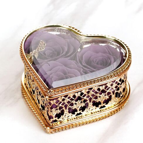 ورود حقيقية محفوظة إلى الأبد مسحورة في صندوق مجوهرات زجاجي ذهبي وردي على شكل قلب؛ زهرة محفوظة طازجة مصنوعة يدويًا، مفاجأة فريدة لعيد الأم (أرجواني) in Kuwait