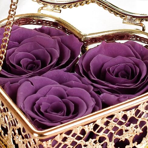 ورود حقيقية محفوظة إلى الأبد مسحورة في صندوق مجوهرات زجاجي ذهبي وردي على شكل قلب؛ زهرة محفوظة طازجة مصنوعة يدويًا، مفاجأة فريدة لعيد الأم (أرجواني) in Kuwait